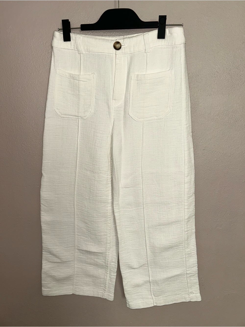 Zara White Cropped Wide-Leg Textured w/front pockets Pants